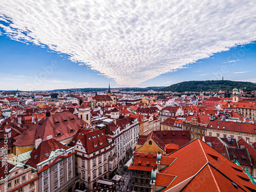 Prague, Czech Republic - September 14, 2012: Panoramic View of Prague Old Town from the Old Town Hall Tower Under Dramatic Altocumulus Clouds