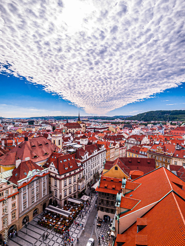 Prague, Czech Republic - September 14, 2012: Panoramic View of Prague Old Town from the Old Town Hall Tower Under Dramatic Altocumulus Clouds