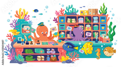 Octopuses operate an underwater post office counter while various sea creatures interact with mail delivery services in this vibrant scene.