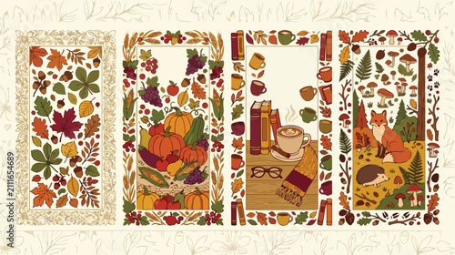 Autumn harvest elements and cozy seasonal motifs are arranged in four vertical panels featuring forest animals, pumpkins, and warm beverages.