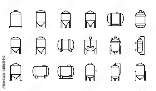 Industrial storage tank and vessel outline icons for factory processing and engineering systems vector set