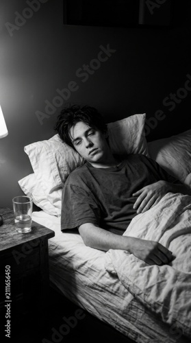 Young Man Sleeps Peacefully In Bed By A Lamp On A Cloudy Morning