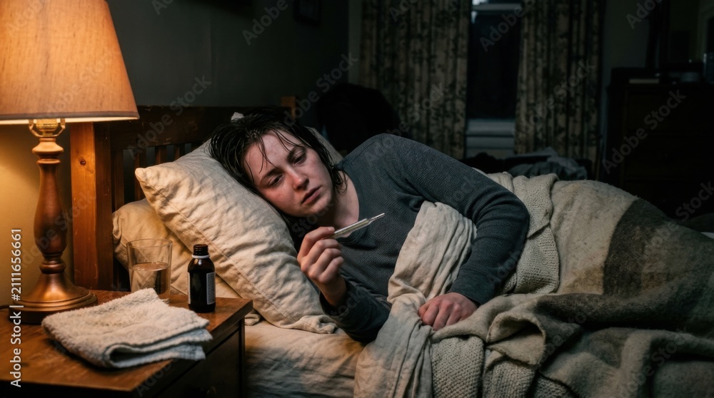 Obraz premium Young Person Feeling Ill Lying In Bed Checking Temperature