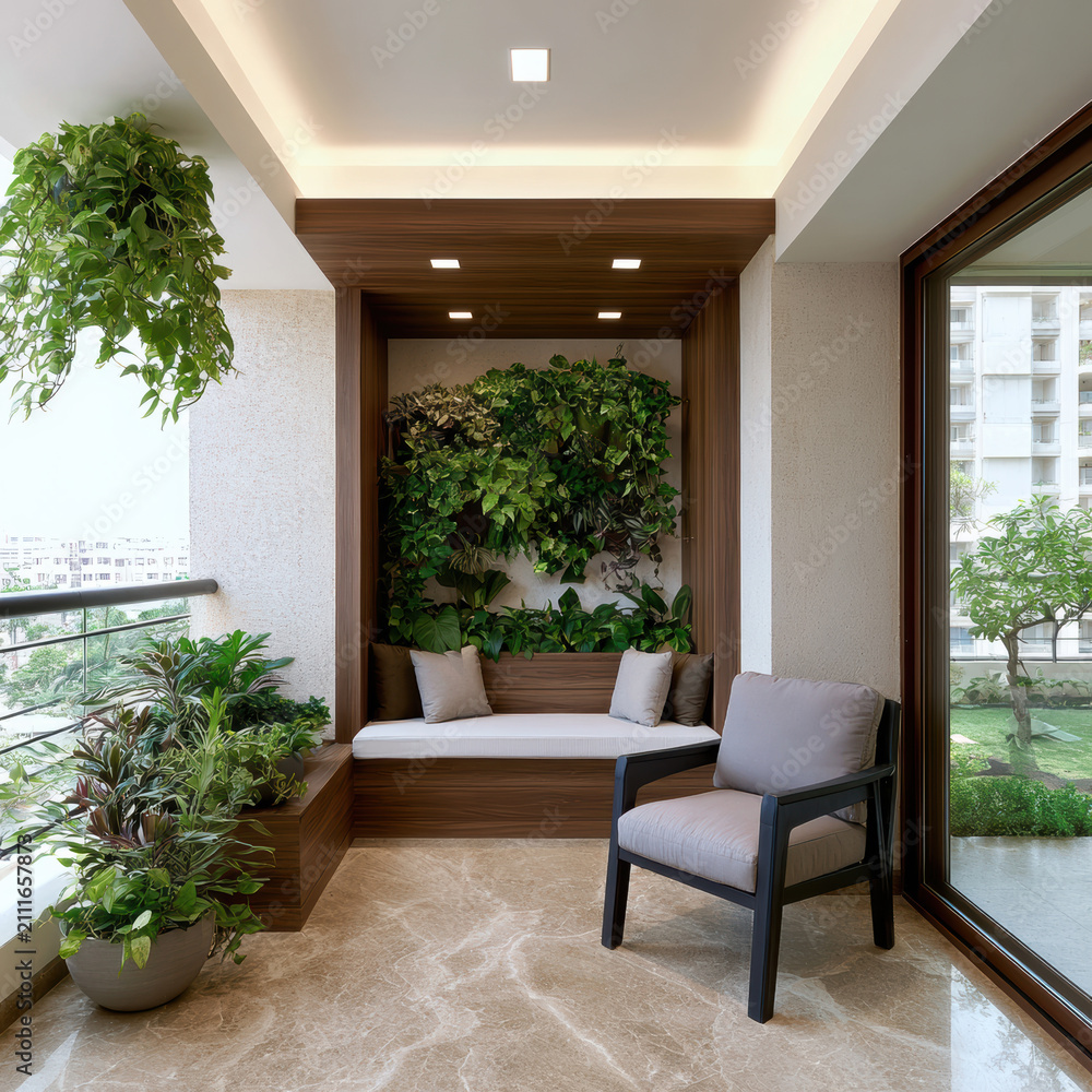 Fototapeta premium Modern balcony design with cozy seating, lush green plants, marble floor, natural light, and city view creates peaceful urban retreat