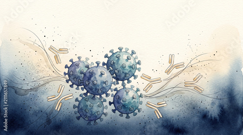 Artistic watercolor illustration of antibodies fighting viral infection representing holistic immune support and natural body defense