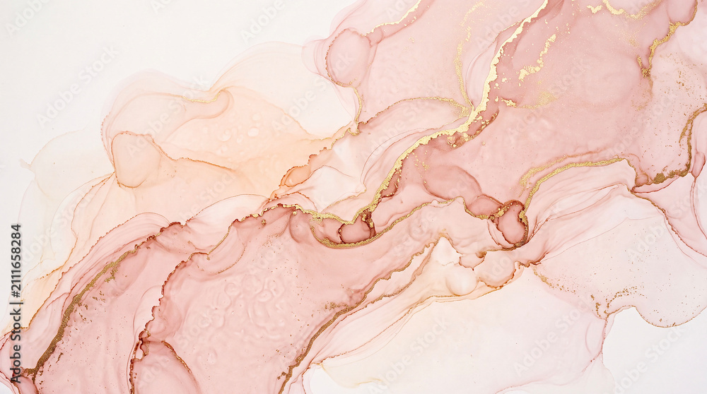 Fototapeta premium Elegant blush pink alcohol ink abstract background with shimmering gold veins, luxury fluid art texture for design