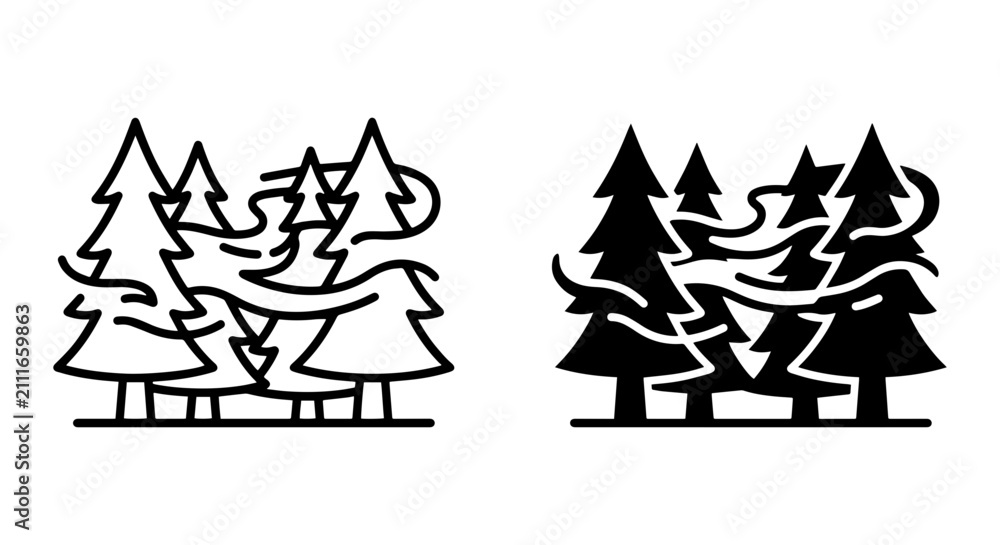 Obraz premium Stylized Pine Forest Icons, Wind Swept Trees Vector Art, Nature Landscape Graphics