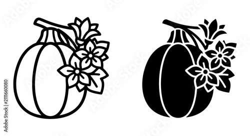 Pumpkin and Flower Vector Icons, Autumn Harvest Symbols, Fall Season Decorative Elements, Black and White Graphics