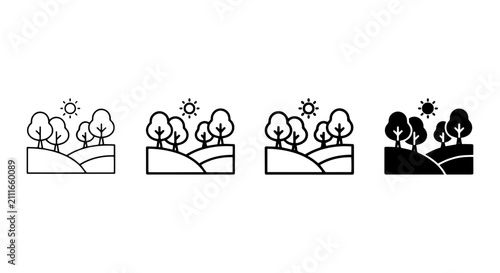 Stylized Landscape Icons, Nature Scene Vector Graphics, Rural Hills and Trees, Sunny Day Illustrations