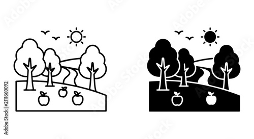Vector Orchard Landscape, Rural Nature Scene, Apple Trees, Sunny Day, Simple Outline & Silhouette Icons