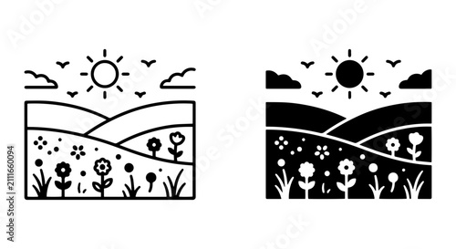 Minimalist Landscape Icons, Sunny Meadow Vector Art, Nature Scene Graphics, Rural Countryside Elements
