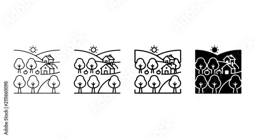 Minimalist Landscape Icons, Rural Village Scenes, Organic Farm Icons, Set of 4 Vector Illustrations