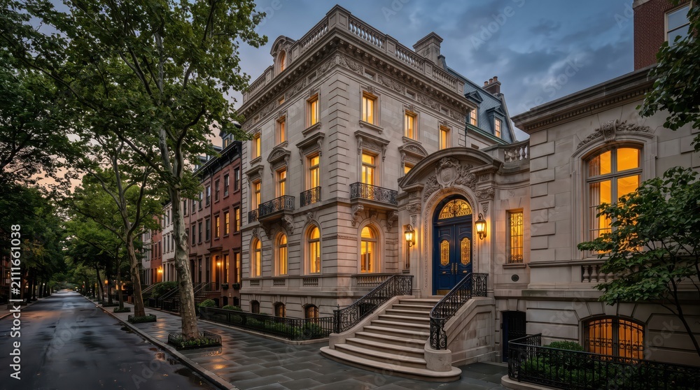 Fototapeta premium Stone townhouse row with blue arched door and wet street