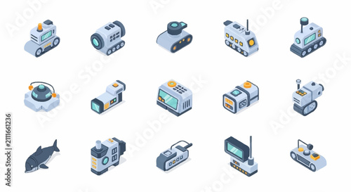 Foto Isometric icons of robots, drones, and futuristic technology devices