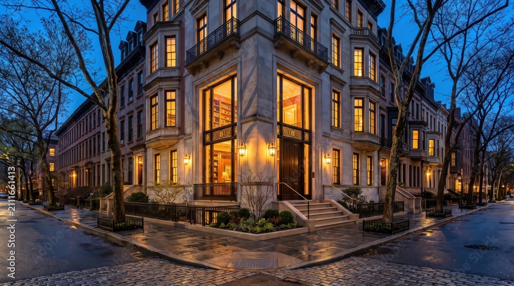 Fototapeta premium Corner townhouse entrance with large windows and wet pavement