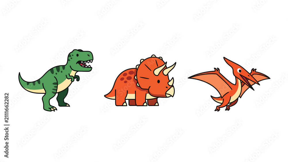 Fototapeta premium Three cute cartoon dinosaurs including a Tyrannosaurus Rex, Triceratops, and Pterodactyl flying.