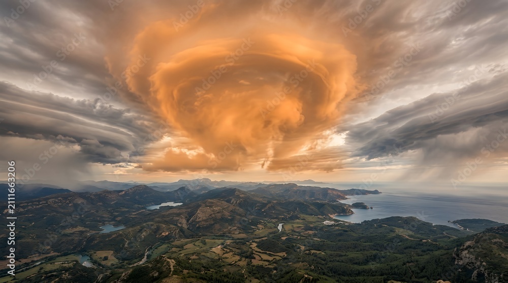 Fototapeta premium DramaticSunsetCloudsOverMountainLandscapeScenery.