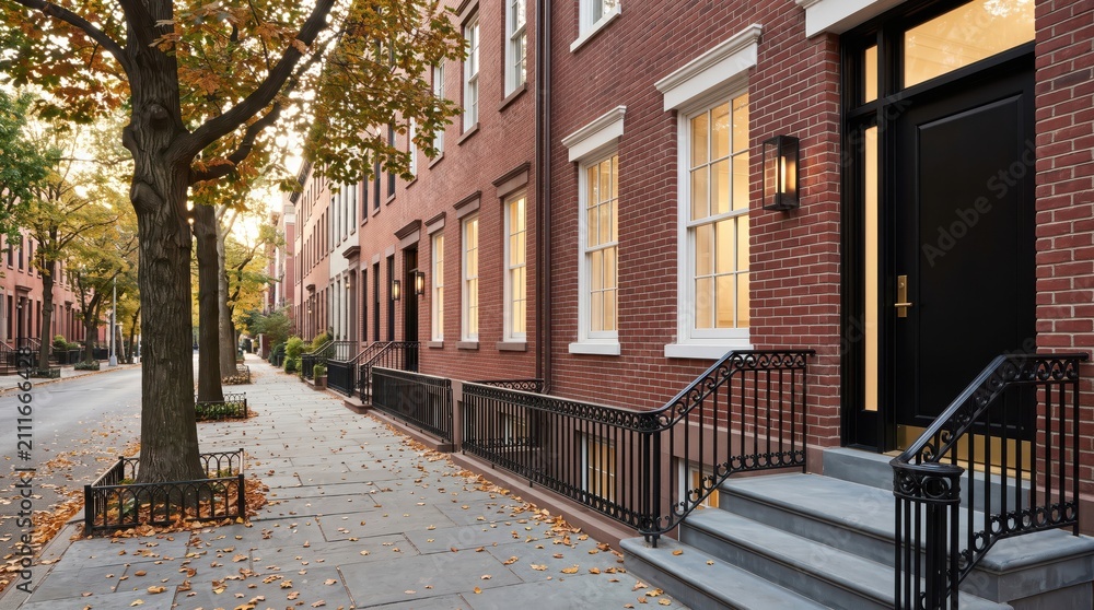 Fototapeta premium Red brick townhouse row with black door and autumn sidewalk