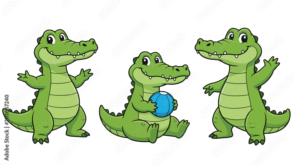 Naklejka premium Three cartoon alligators in different poses, one holding a blue ball, isolated on a white background.