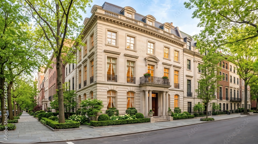 Fototapeta premium Light stone townhouse mansion on tree lined city street