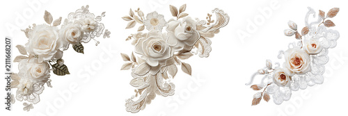 Set of A handcrafted bouquet of white roses on transparent png background. Ai generated