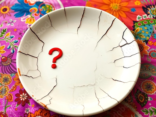 Cracked ceramic plate with question mark symbol, interior, ceramic