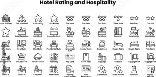 Hotel rating and hospitality icon set, star, quality, luxury, service, travel, and guest review vector icons.