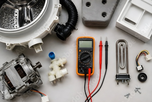 Laundry Diagnostic Meter With Probes and Machine Parts Supports Accurate Appliance Maintenance and Repairs Efficiently
