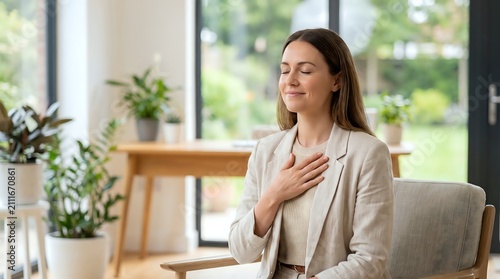 CalmWellnessPortrait-WarmBeigeGreenFabric-CommercialStock-MentalWellness-CleanBackground
