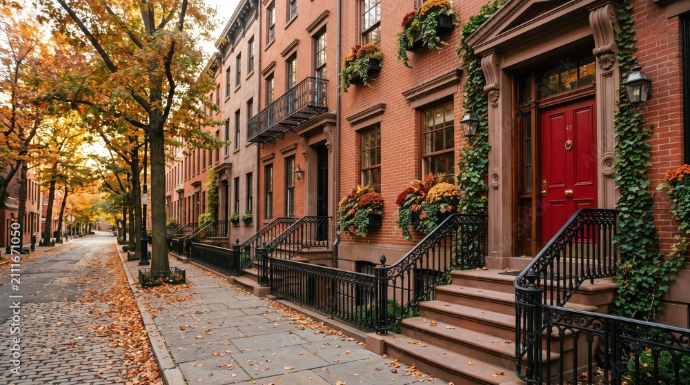 Fototapeta premium Autumn brownstone street with red door ivy and iron railings