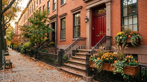 Brownstone row house stoop with red double door and autumn planters