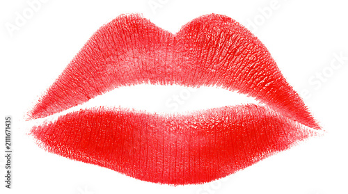 Glossy red lipstick kiss mark imprinted on flat surface with detailed lip texture on transparent background PNG