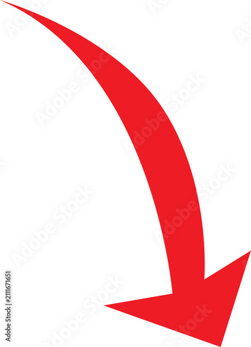A simple, red, curved arrow pointing to the right and down on a white background. Direction symbol. Arrow symbol for app, UI, web. Vector illustration