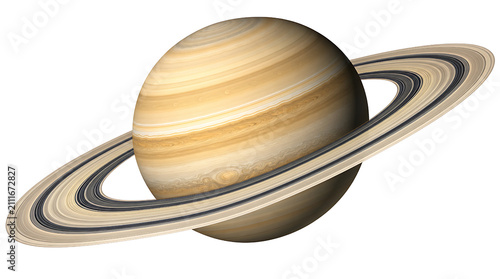 Detailed rendering of planet Saturn with banded amber and tan atmosphere on transparent background PNG