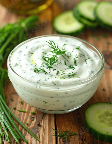 Creamy herb dip in glass bowl, garnished with dill, on wood