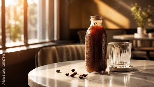 Premium Bottled Iced Coffee on Elegant Café Table by Sunlit Window with Luxury Morning Atmosphere for Beverage Branding, Hospitality Marketing and Retail Campaigns