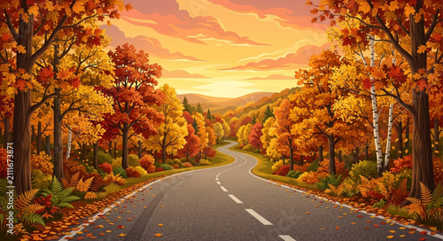 Autumn forest road landscape vector, winding asphalt highway through fall foliage trees, scenic sunset mountain valley background