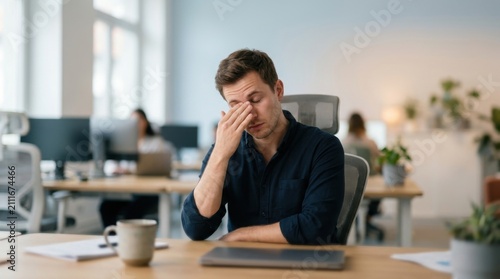 Tired Businessman Rubbing His Eyes At His Desk In A Modern Office