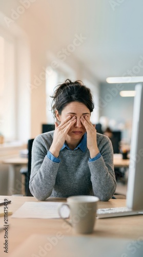 Tired Woman Rubbing Eyes At Desk Working Late Office Stress