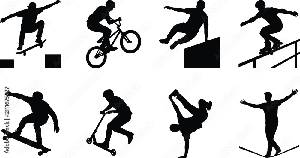 Fototapeta premium Extreme Sports Silhouette Collection Featuring Skateboard BMX Scooter Parkour Breakdance and Slackline Athletes
