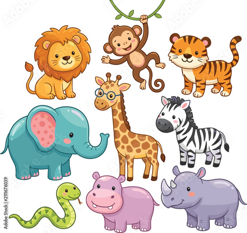 Canvas Print Cute cartoon safari animals vector set featuring happy lion elephant monkey tige