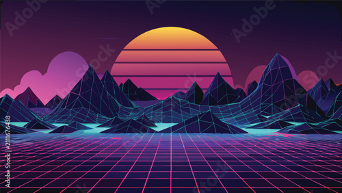 Retro synthwave landscape with glowing sunset mountain peaks and digital grid horizon synthwave retrowave landscape mountain aesthetic background chromatic futuristic illustration minimalist