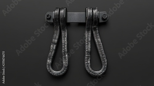 Hardware strap assembly features a dual-loop design constructed from durable industrial webbing attached to a sturdy metal mounting bracket on a plain dark background.