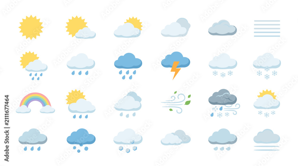 Obraz premium Collection of various weather icons including sun clouds rain snow thunder and rainbow