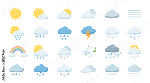 Collection of various weather icons including sun clouds rain snow thunder and rainbow