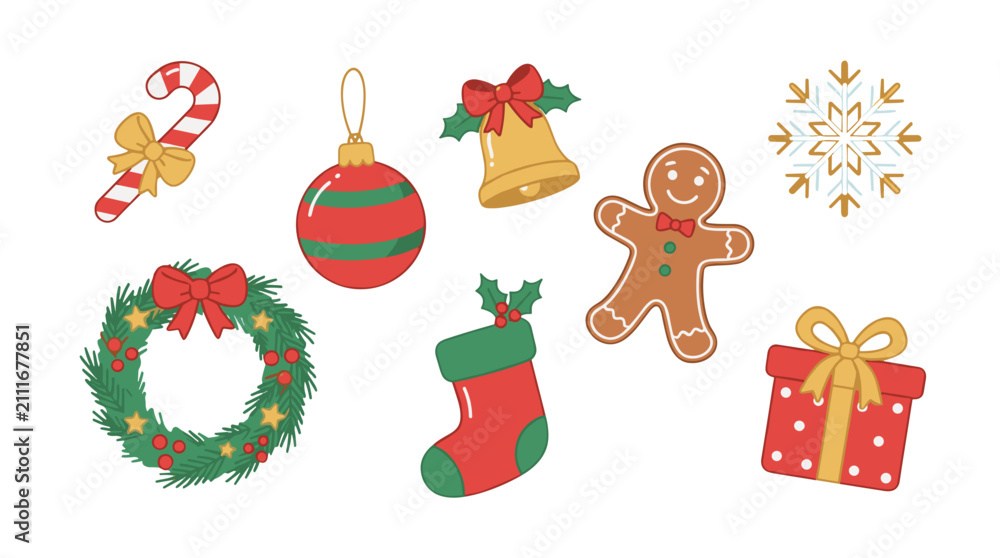 Fototapeta premium Set of colorful christmas holiday icons including wreaths ornaments stockings gingerbread and gift box