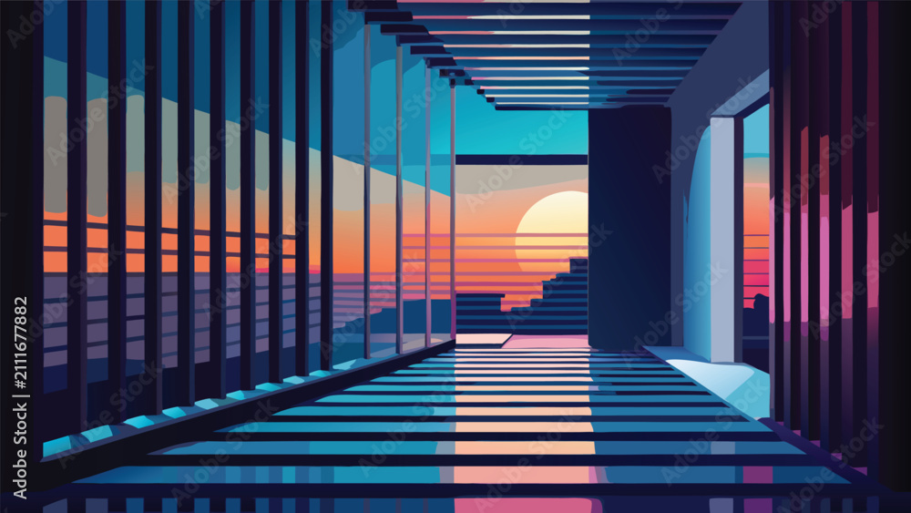 Fototapeta premium Modern glass corridor leading to a sunset view over mountains with corridor architecture interior building mountains perspective reflection landscape twilight structure minimalist abstract