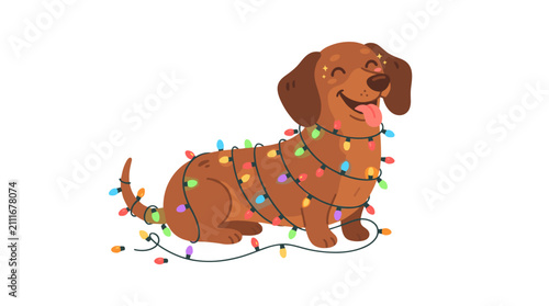 Cute brown dog decorated with colorful holiday string lights on a plain