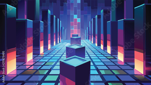Cyberpunk digital data corridor with glowing neon pillars cyberpunk corridor technology abstract futuristic perspective connection information geometric infrastructure illustration