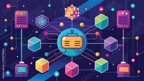Data management system interface with connected hexagonal nodes and servers management interface hexagonal connection technology abstract futuristic information computing architecture